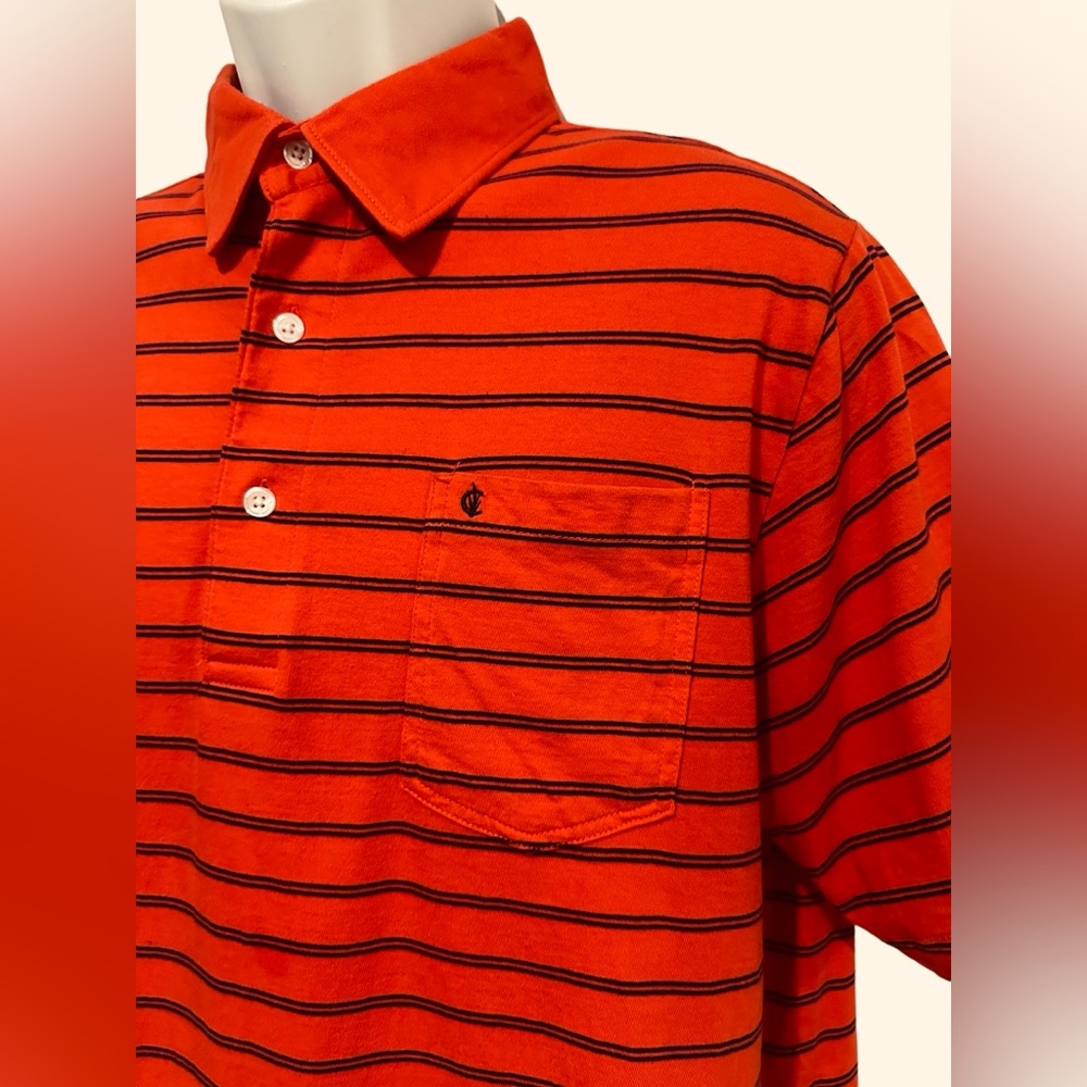 CRIQUET Mens Golf Polo Shirt Orange Blue Stripe Organic Cotton Slim L